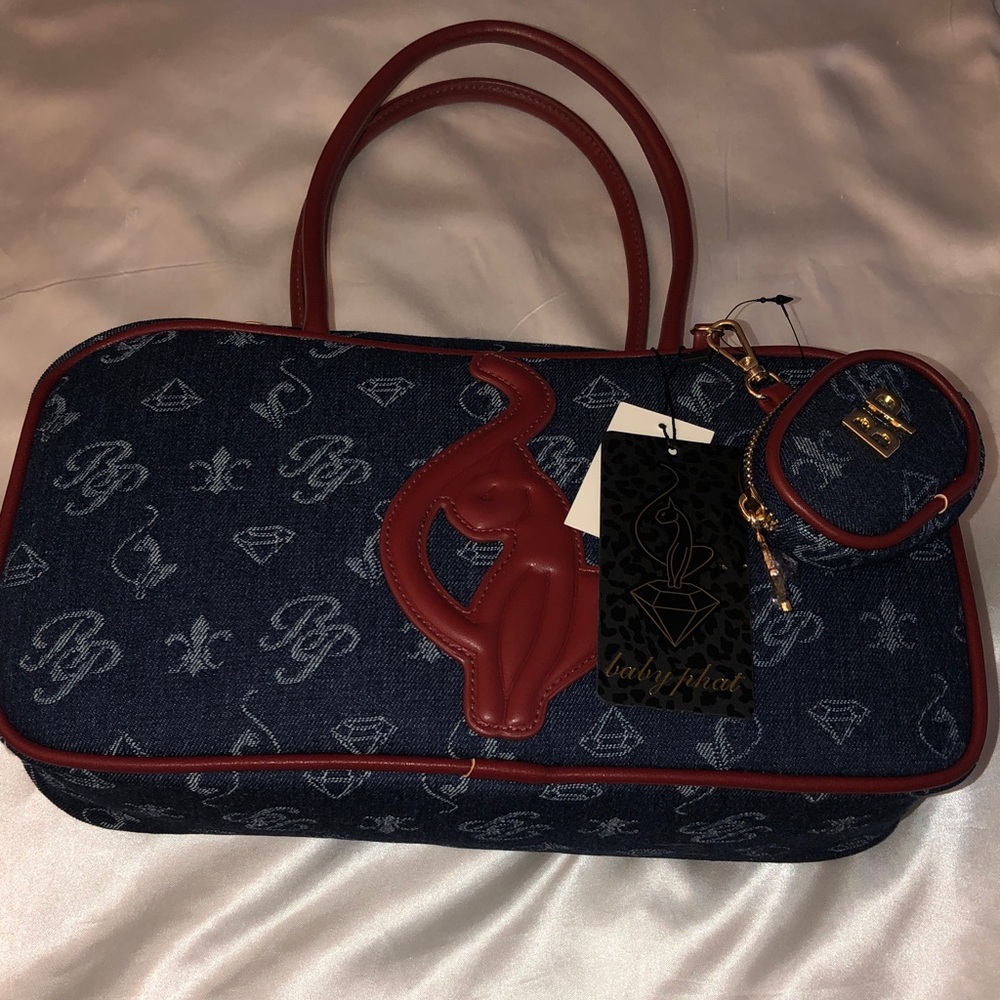 Baby Phat Dark Indigo Denim Satchel Tote Red Trim & Cat Emblem + Coin Pouch NWT